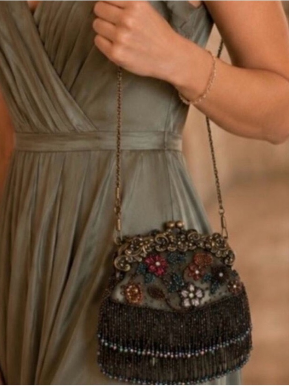 Susan Collection Vintage Victorian-Inspired Beaded Hand-Bag w/Long Chain, OS